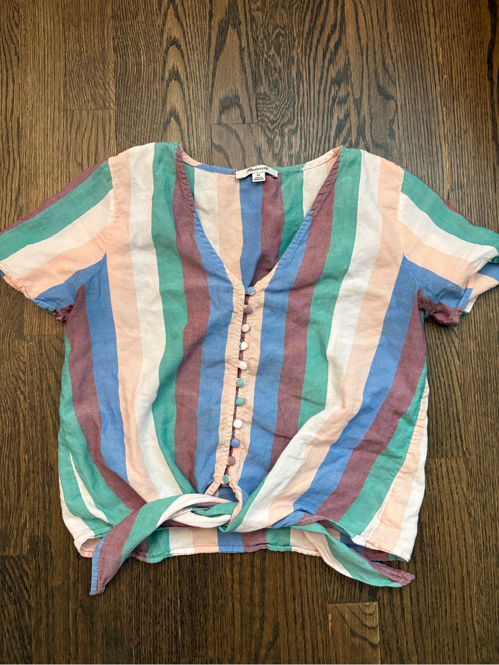Madewell Striped Tie Front Button Down Top XS Short Sleeve 100% Cotton V-Neck